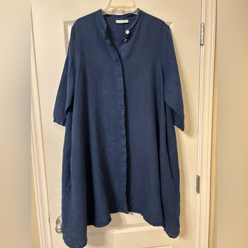 Bryn Walker Dress Linen Large Blue Long Shirt Tunic Pockets Made in USA Lagen - Picture 2 of 16